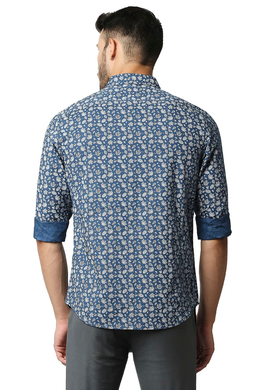 BASICS SLIM FIT STELLAR BLUE COTTON SLUB PRINTED SHIRT