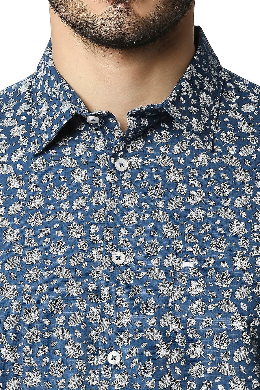 BASICS SLIM FIT STELLAR BLUE COTTON SLUB PRINTED SHIRT