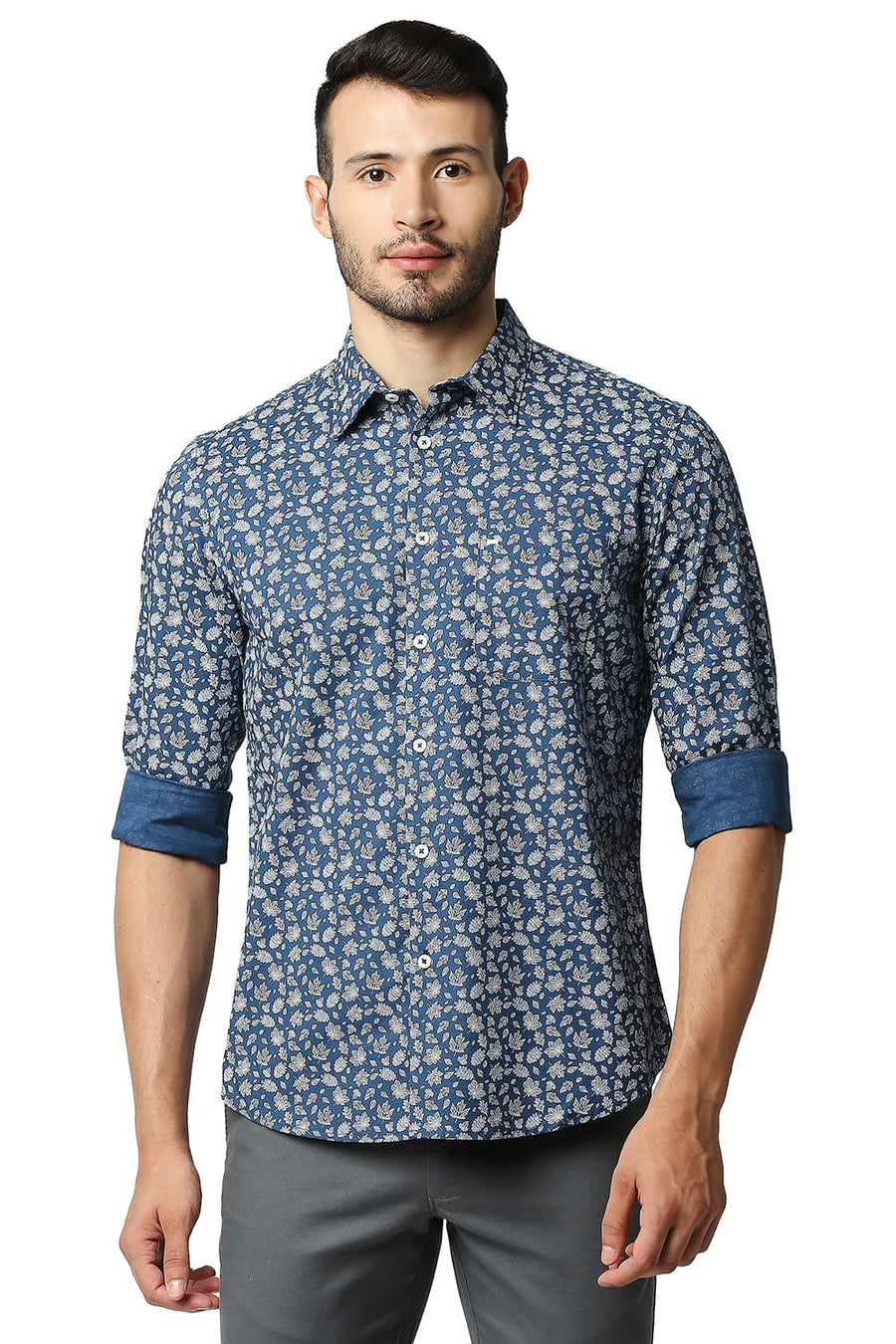 BASICS SLIM FIT STELLAR BLUE COTTON SLUB PRINTED SHIRT