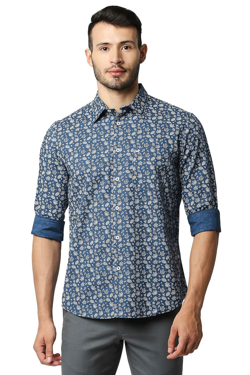 BASICS SLIM FIT COTTON SLUB PRINTED SHIRT