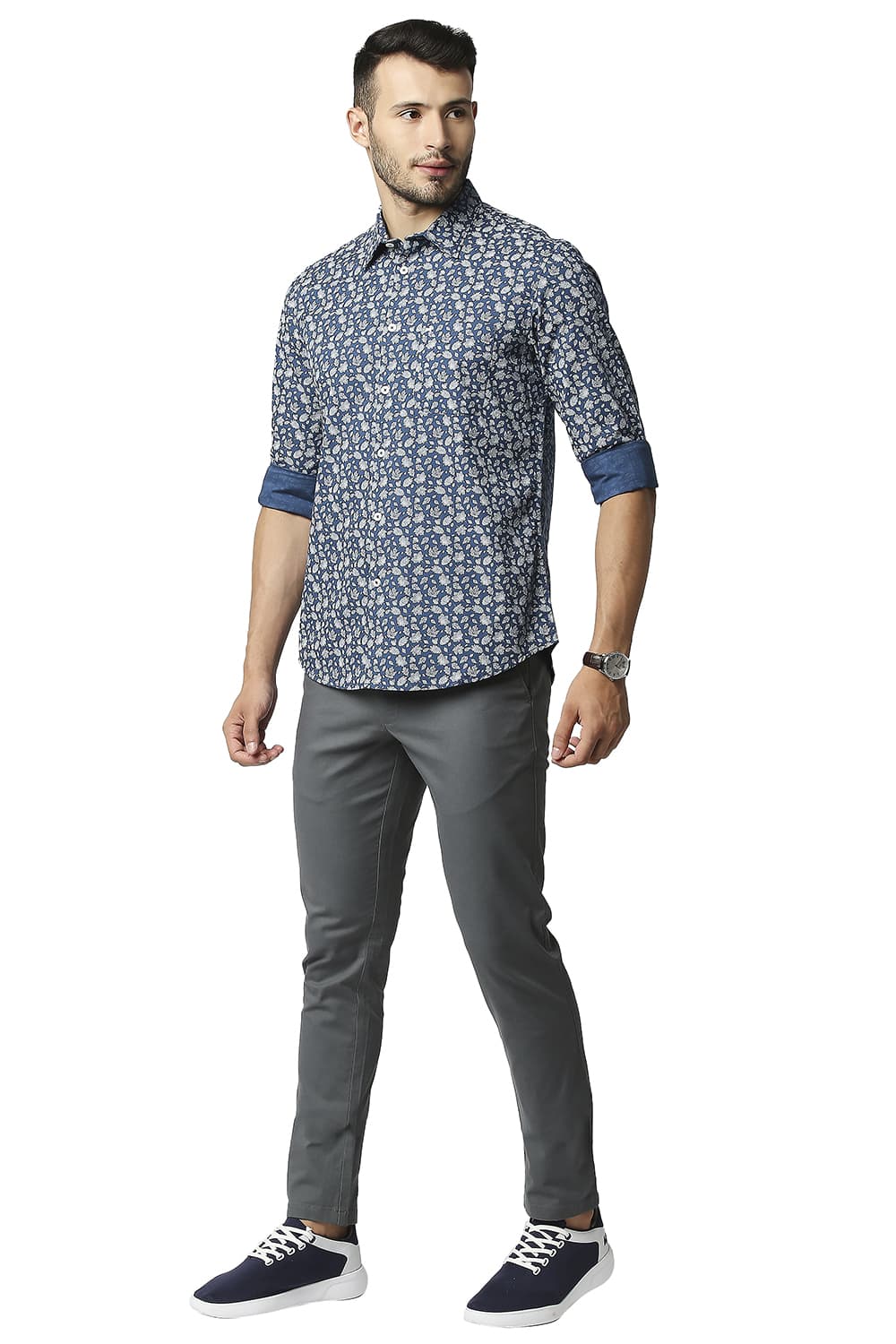 BASICS SLIM FIT COTTON SLUB PRINTED SHIRT