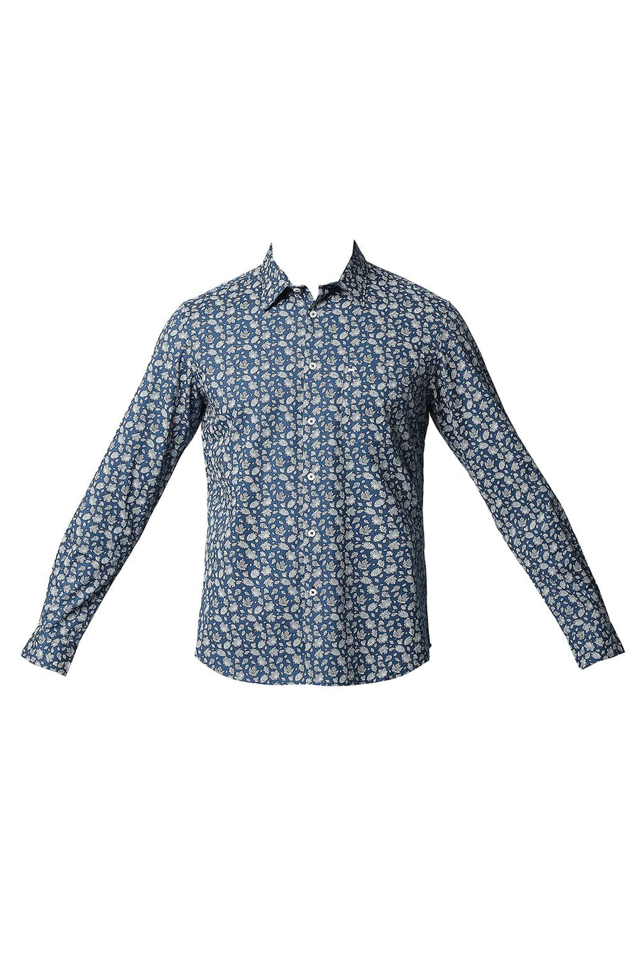 BASICS SLIM FIT STELLAR BLUE COTTON SLUB PRINTED SHIRT