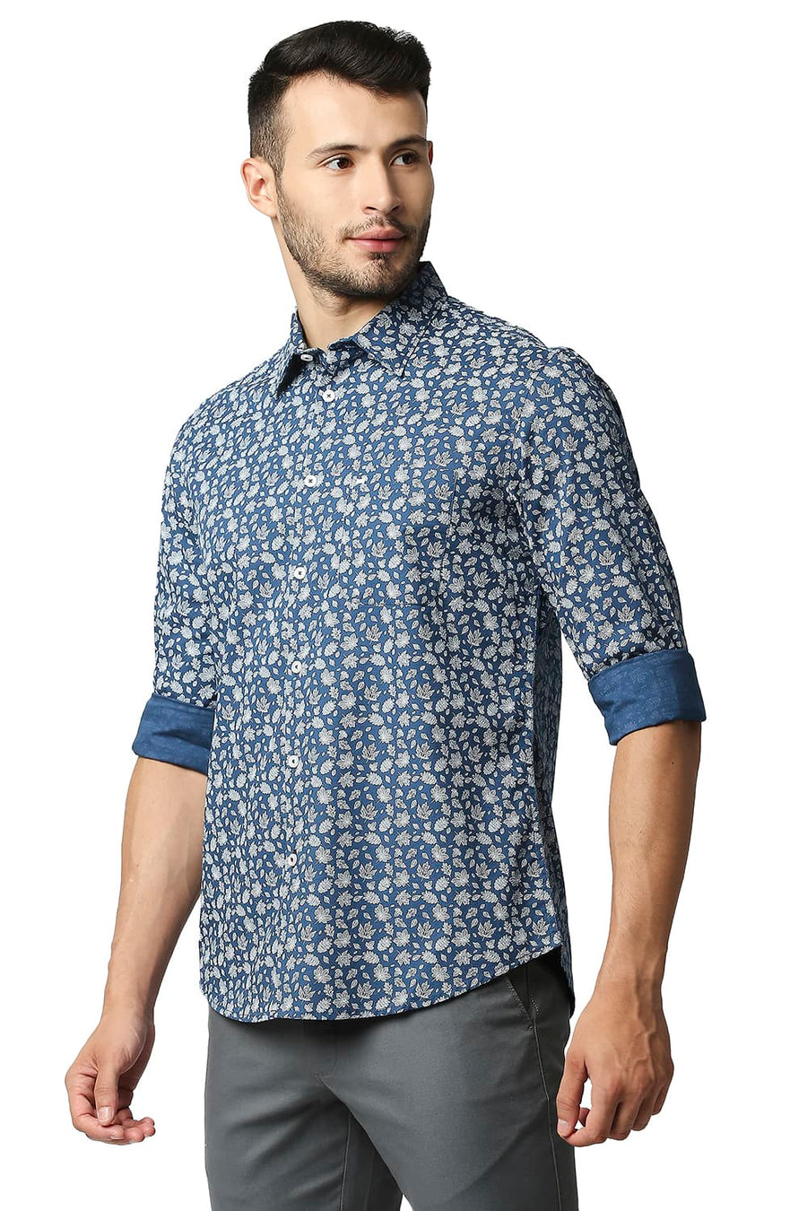 BASICS SLIM FIT STELLAR BLUE COTTON SLUB PRINTED SHIRT