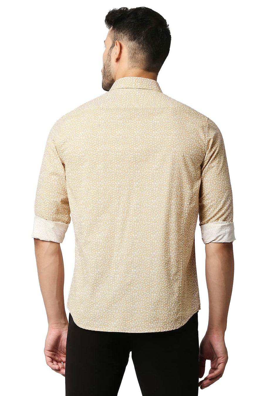 BASICS SLIM FIT DOE BEIGE COTTON SLUB PRINTED SHIRT
