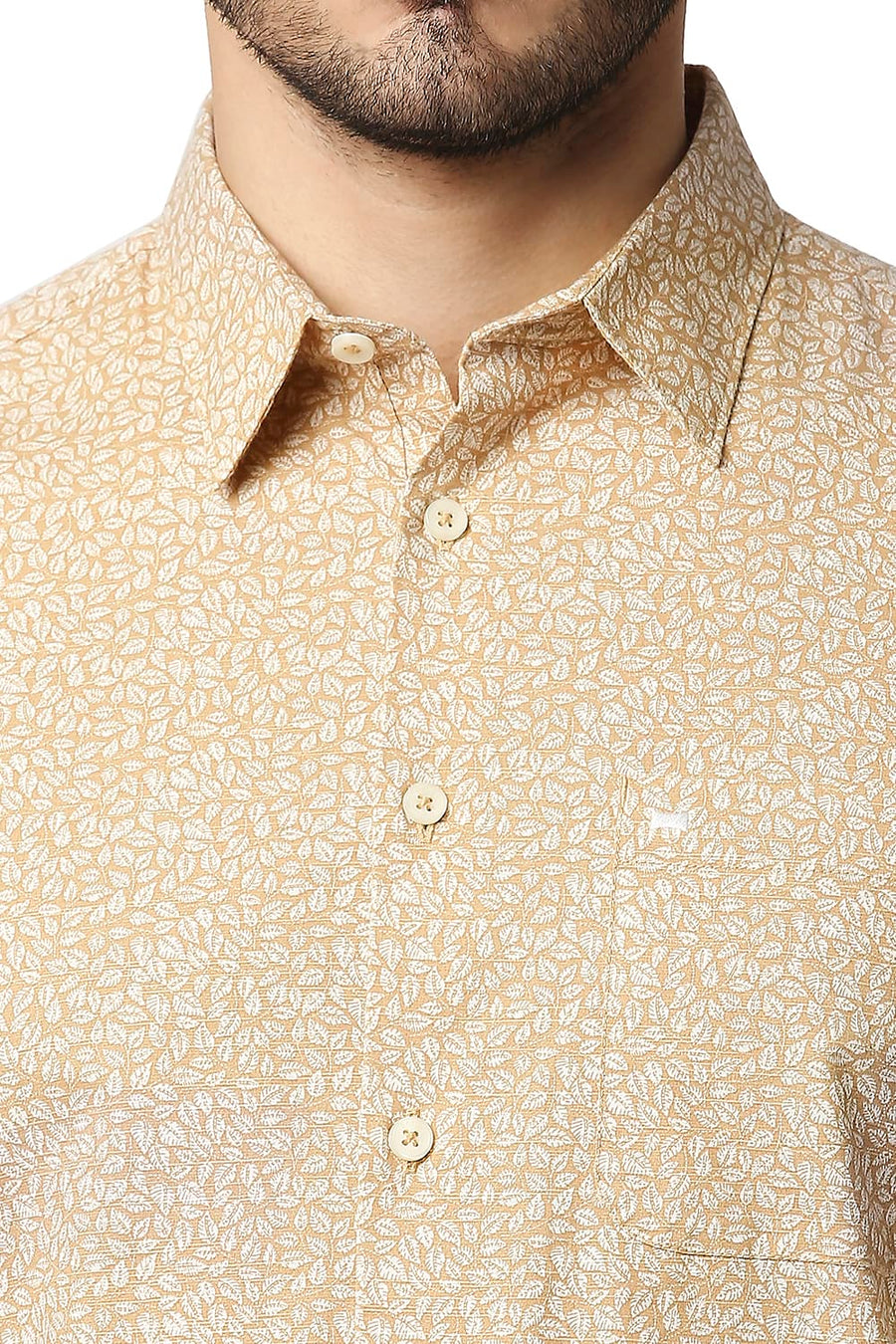 BASICS SLIM FIT DOE BEIGE COTTON SLUB PRINTED SHIRT