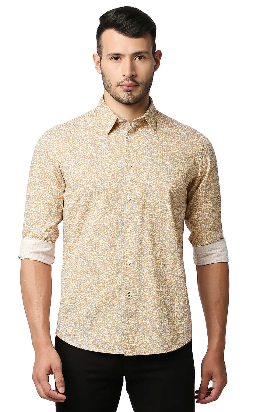 BASICS SLIM FIT DOE BEIGE COTTON SLUB PRINTED SHIRT