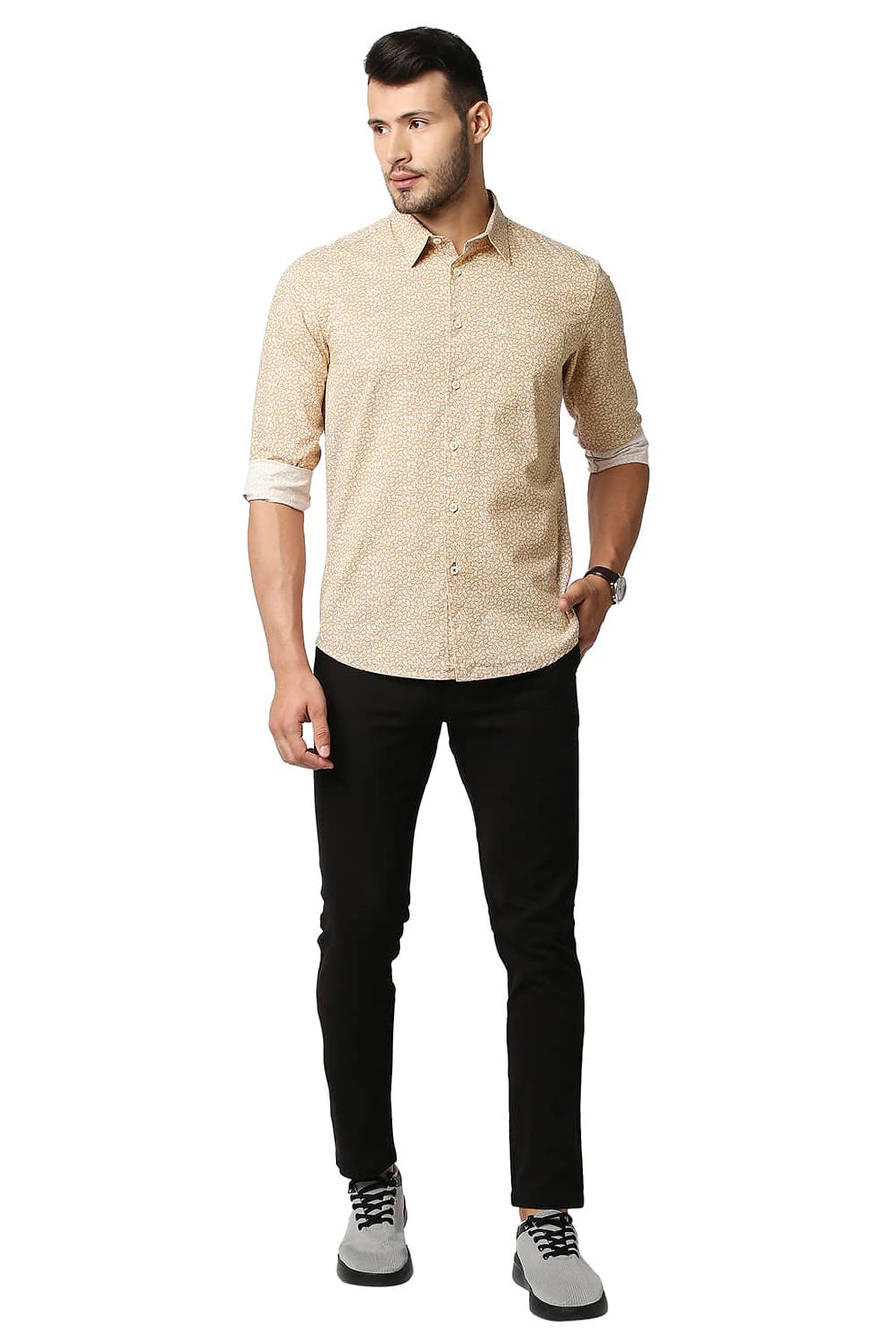 BASICS SLIM FIT DOE BEIGE COTTON SLUB PRINTED SHIRT