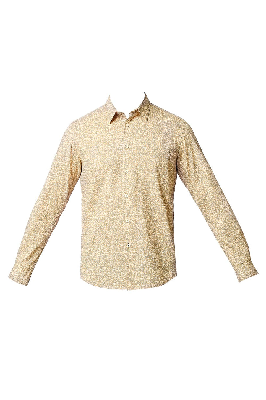 BASICS SLIM FIT DOE BEIGE COTTON SLUB PRINTED SHIRT