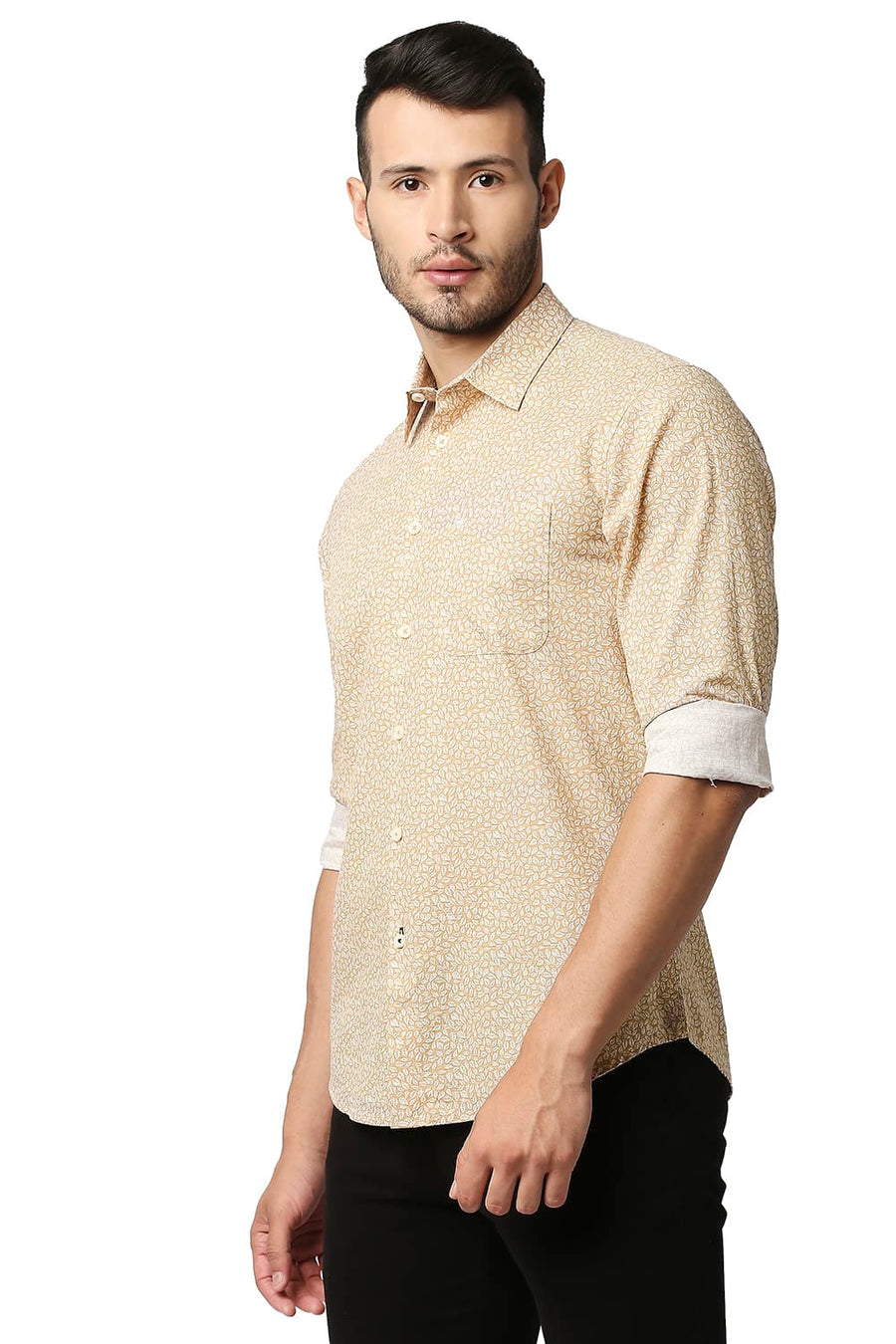 BASICS SLIM FIT DOE BEIGE COTTON SLUB PRINTED SHIRT