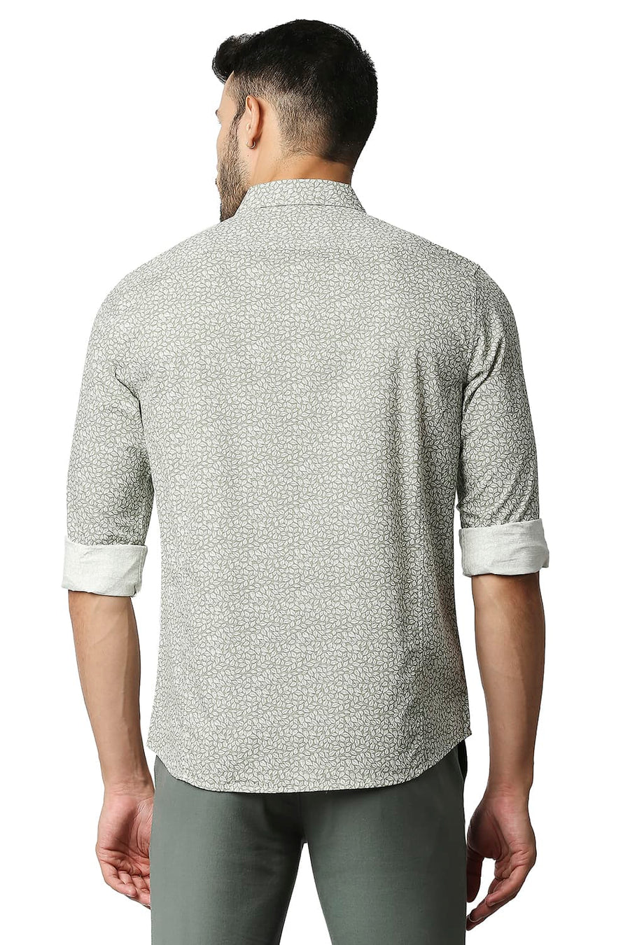 BASICS SLIM FIT OIL GREEN COTTON SLUB PRINTED SHIRT