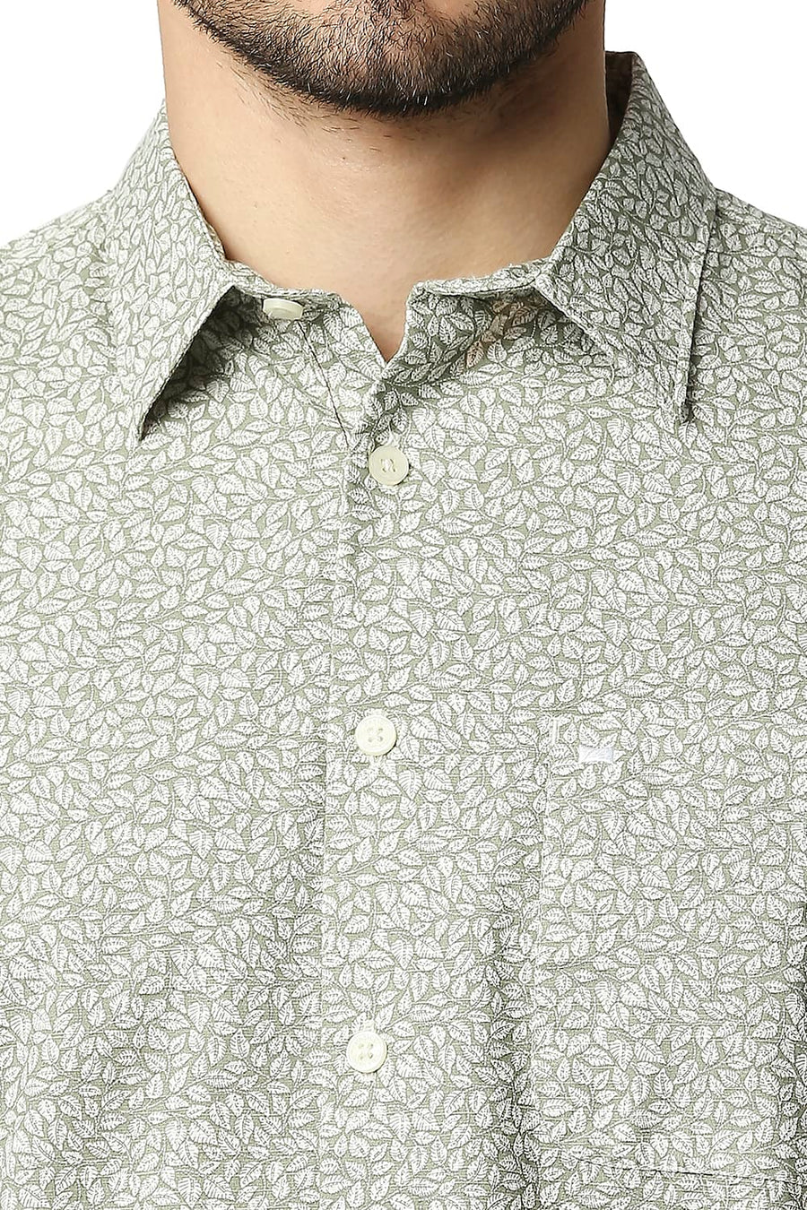 BASICS SLIM FIT OIL GREEN COTTON SLUB PRINTED SHIRT