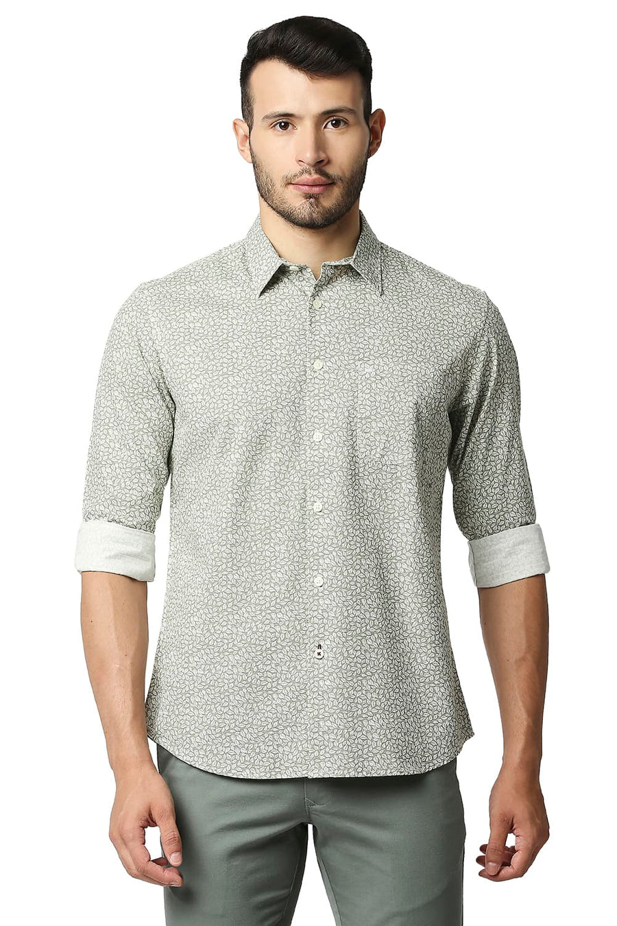 BASICS SLIM FIT OIL GREEN COTTON SLUB PRINTED SHIRT
