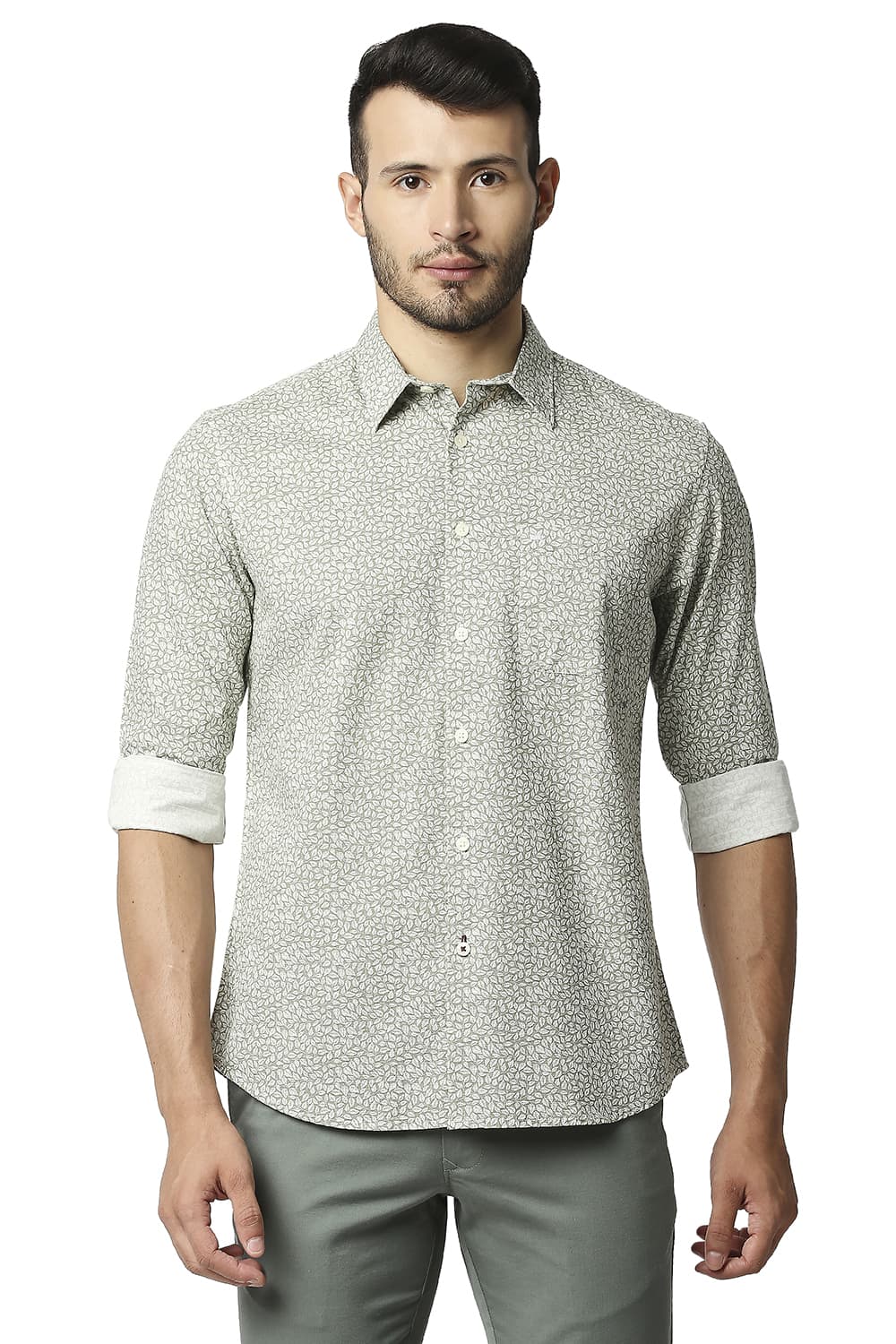 BASICS SLIM FIT COTTON SLUB PRINTED SHIRT