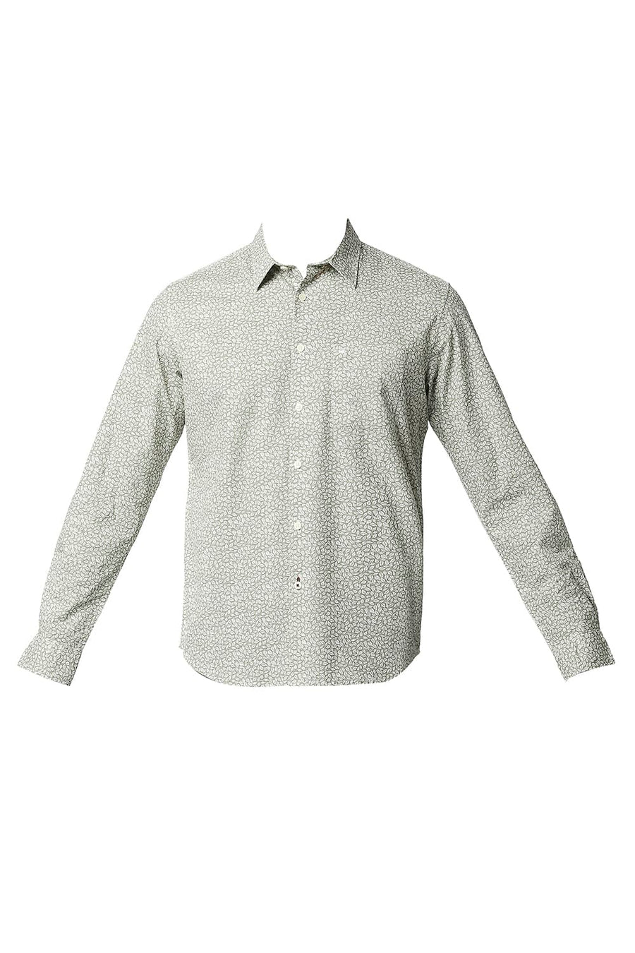 BASICS SLIM FIT OIL GREEN COTTON SLUB PRINTED SHIRT