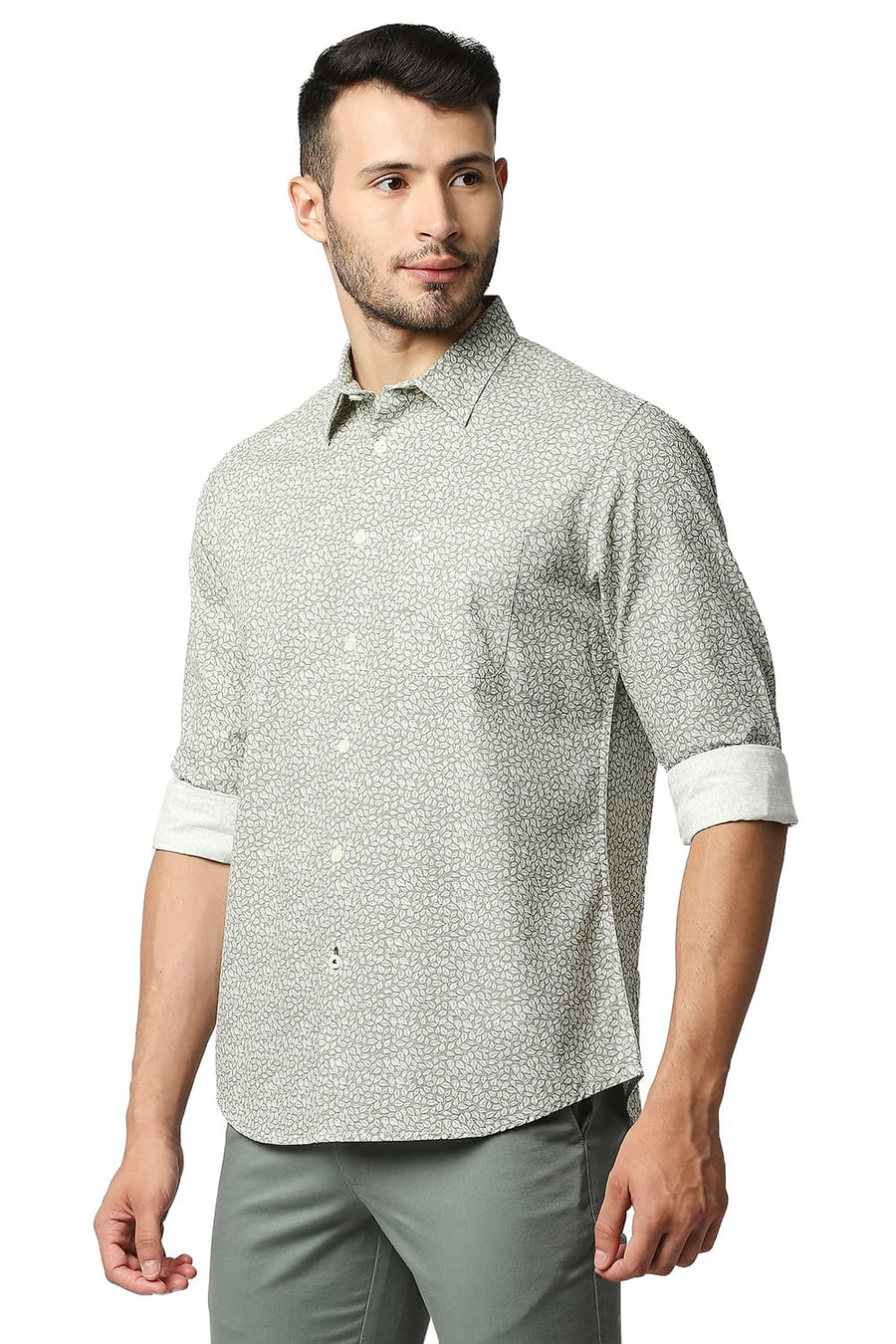 BASICS SLIM FIT OIL GREEN COTTON SLUB PRINTED SHIRT