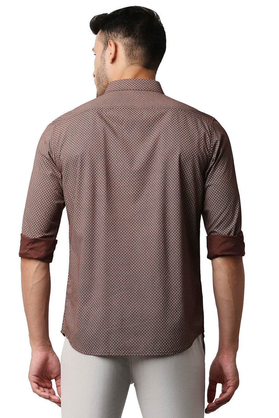 BASICS SLIM FIT BROWN STONE COTTON VISCOSE PRINTED SHIRT
