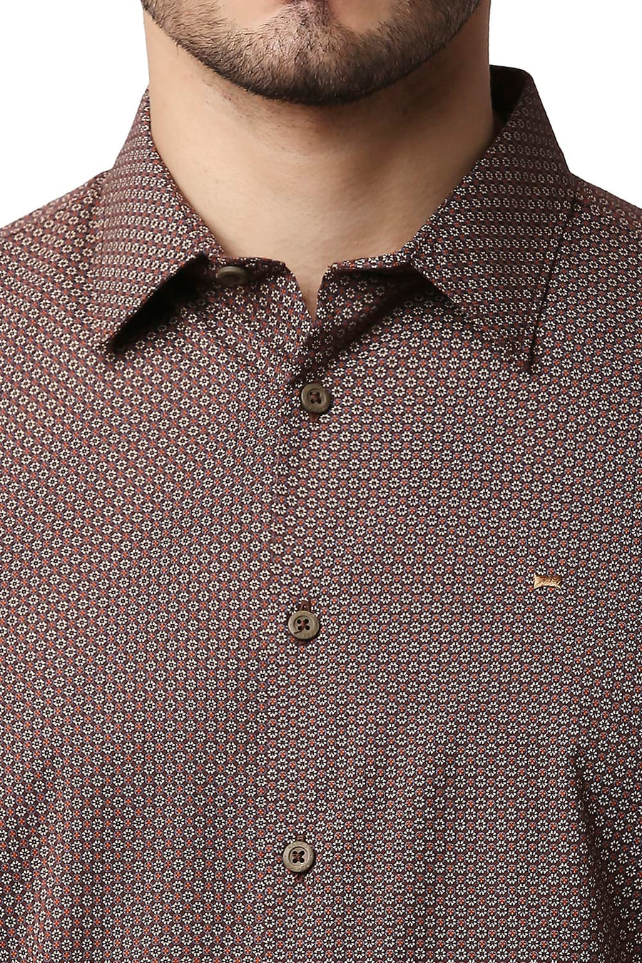 BASICS SLIM FIT BROWN STONE COTTON VISCOSE PRINTED SHIRT