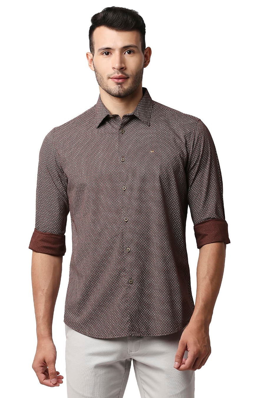 BASICS SLIM FIT BROWN STONE COTTON VISCOSE PRINTED SHIRT