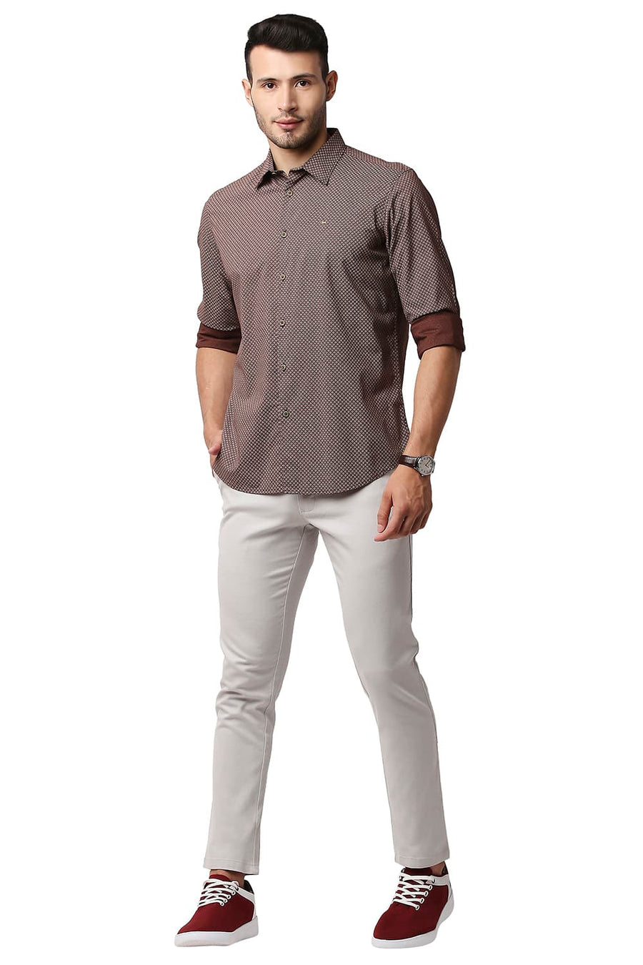 BASICS SLIM FIT BROWN STONE COTTON VISCOSE PRINTED SHIRT