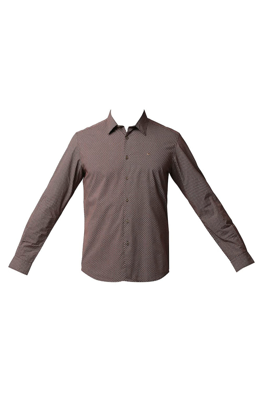 BASICS SLIM FIT BROWN STONE COTTON VISCOSE PRINTED SHIRT