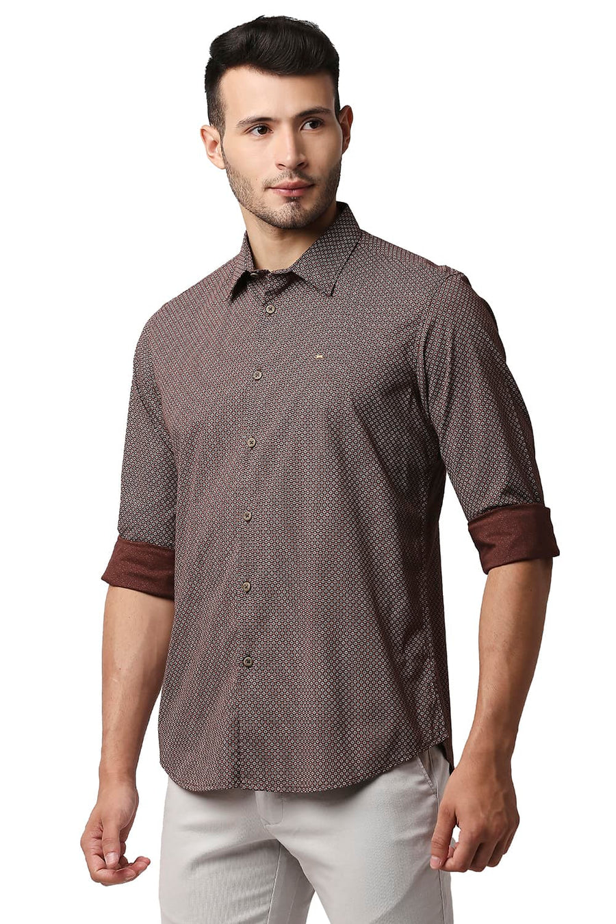 BASICS SLIM FIT BROWN STONE COTTON VISCOSE PRINTED SHIRT