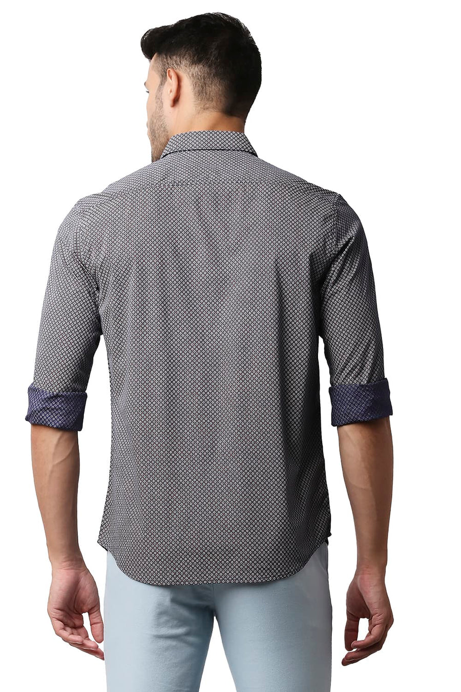BASICS SLIM FIT IRIS NAVY COTTON VISCOSE PRINTED SHIRT