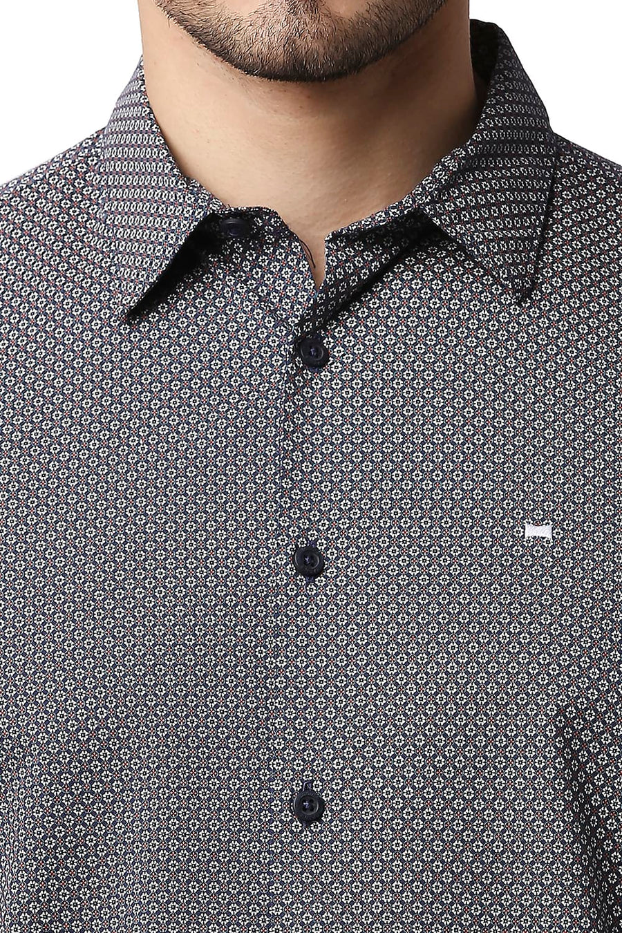 BASICS SLIM FIT IRIS NAVY COTTON VISCOSE PRINTED SHIRT
