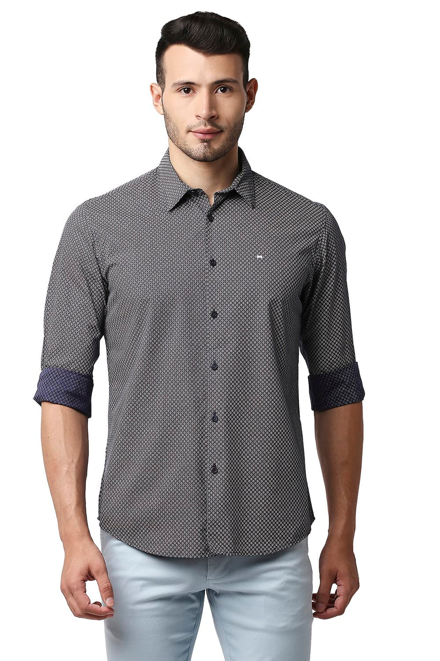 BASICS SLIM FIT IRIS NAVY COTTON VISCOSE PRINTED SHIRT