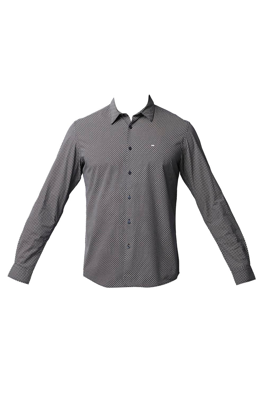 BASICS SLIM FIT IRIS NAVY COTTON VISCOSE PRINTED SHIRT
