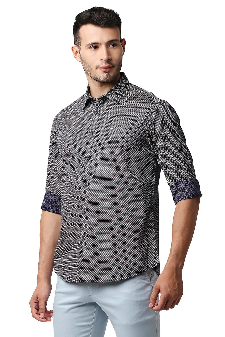 BASICS SLIM FIT IRIS NAVY COTTON VISCOSE PRINTED SHIRT