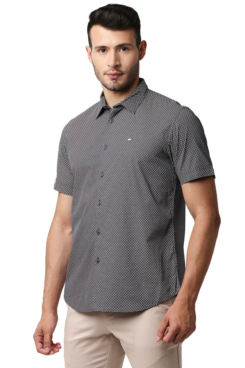 BASICS SLIM FIT COTTON VISCOSE PRINTED HALFSLEEVES SHIRT