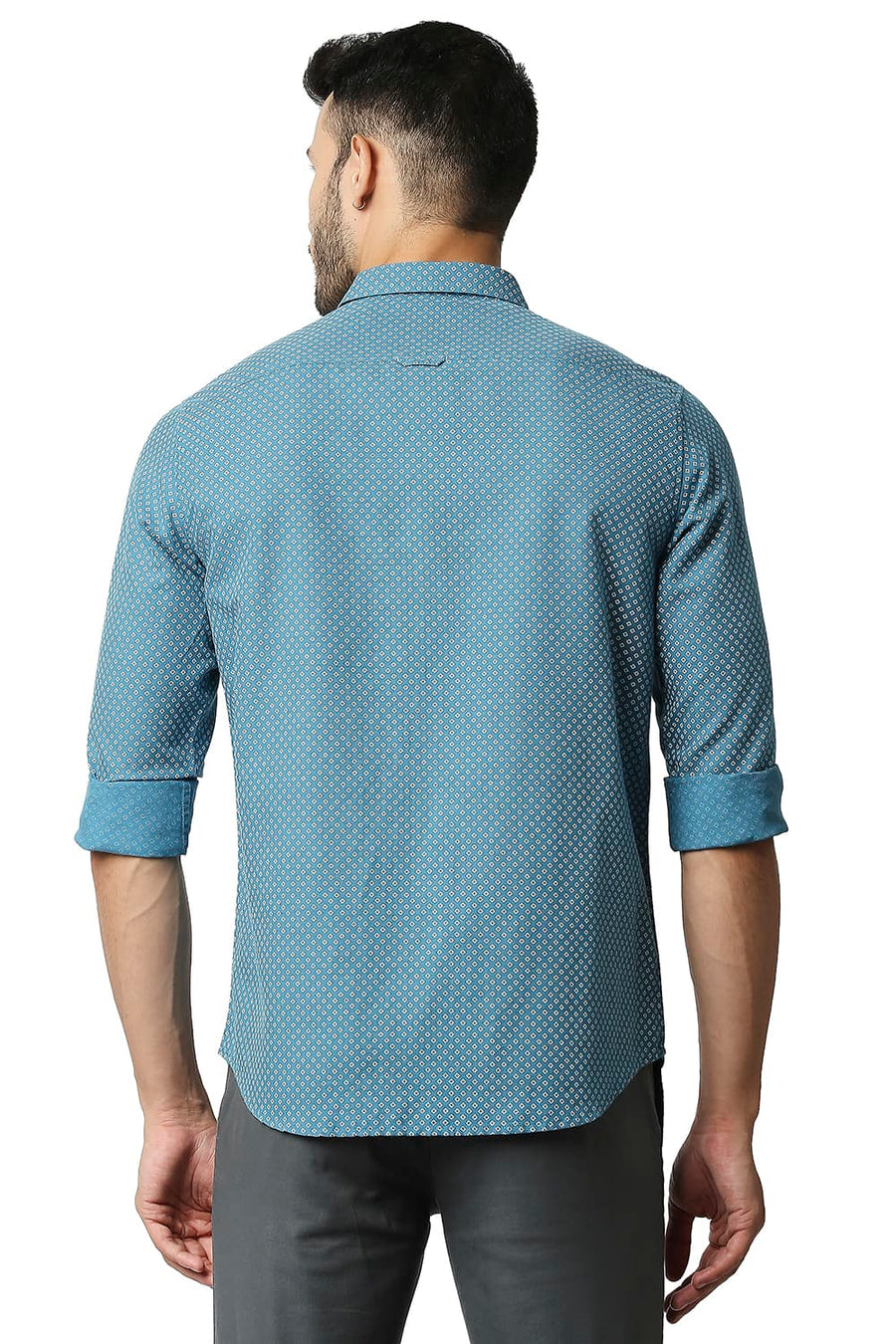 BASICS SLIM FIT LARKSPUR TURQUOISE COTTON LINEN PRINTED SHIRT
