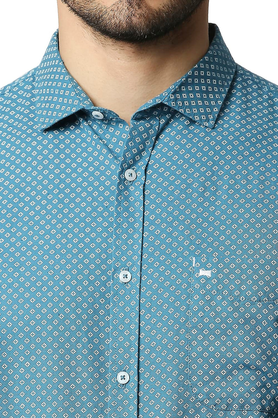 BASICS SLIM FIT LARKSPUR TURQUOISE COTTON LINEN PRINTED SHIRT