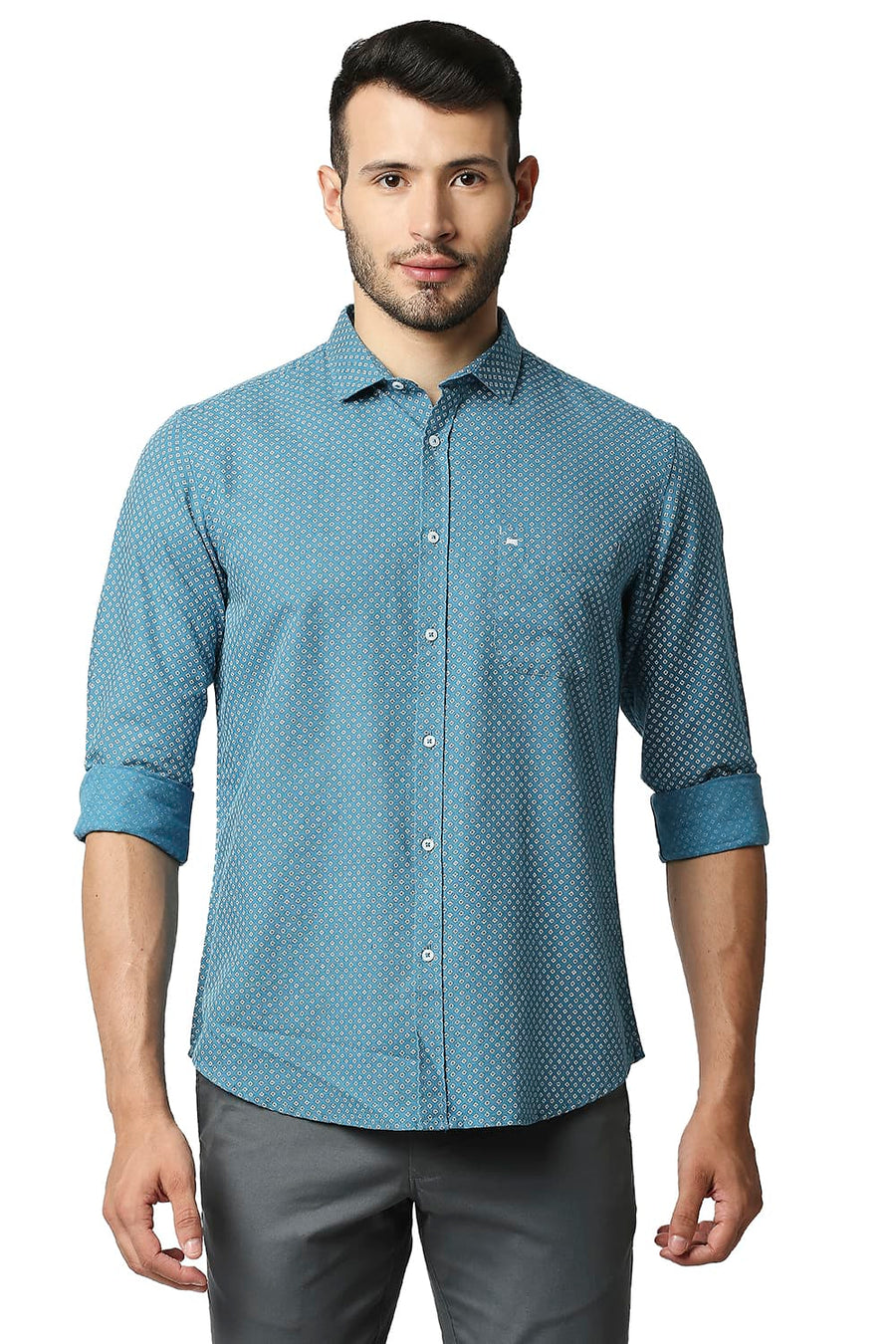 BASICS SLIM FIT LARKSPUR TURQUOISE COTTON LINEN PRINTED SHIRT