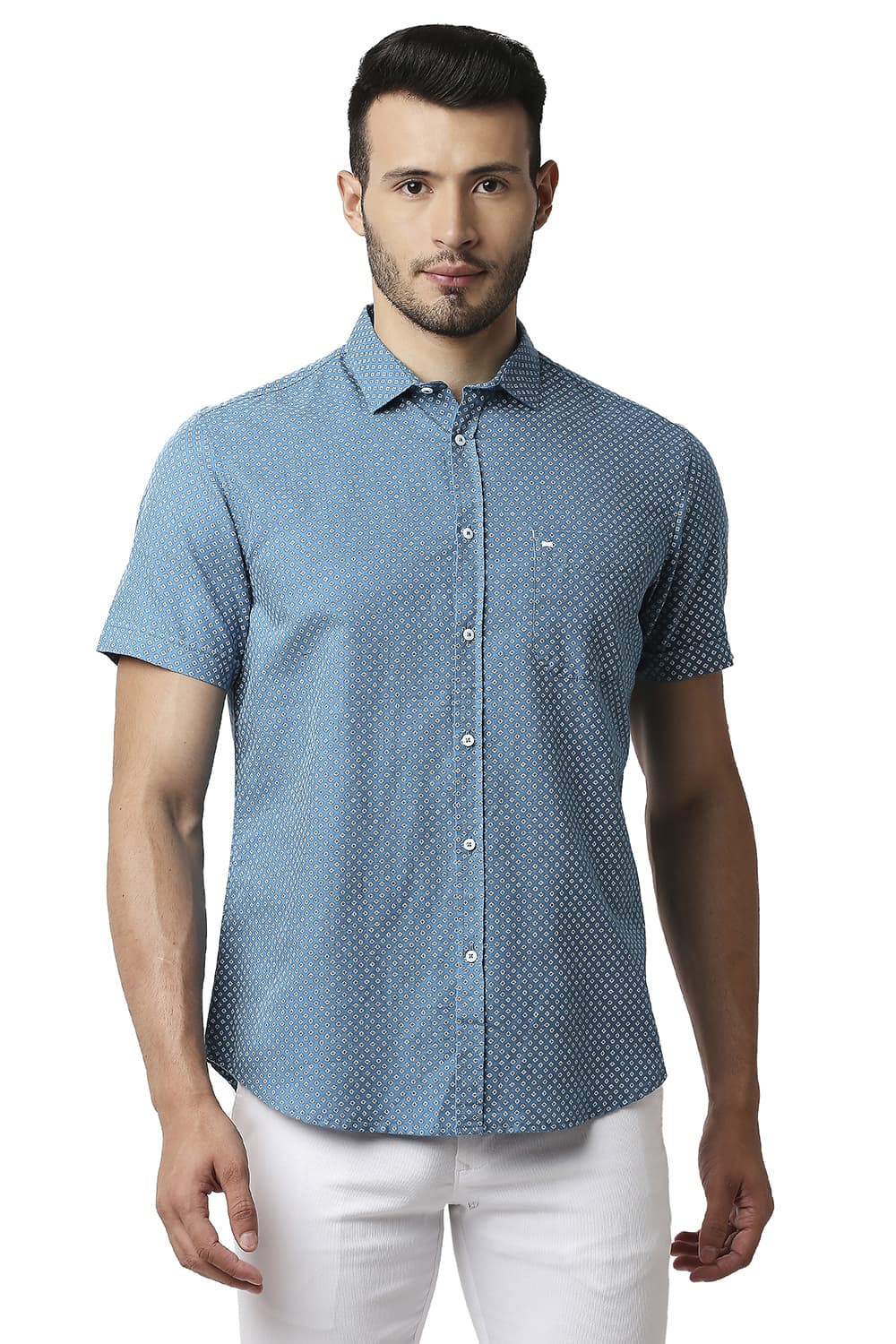 BASICS SLIM FIT COTTON LINEN PRINTED SHIRT