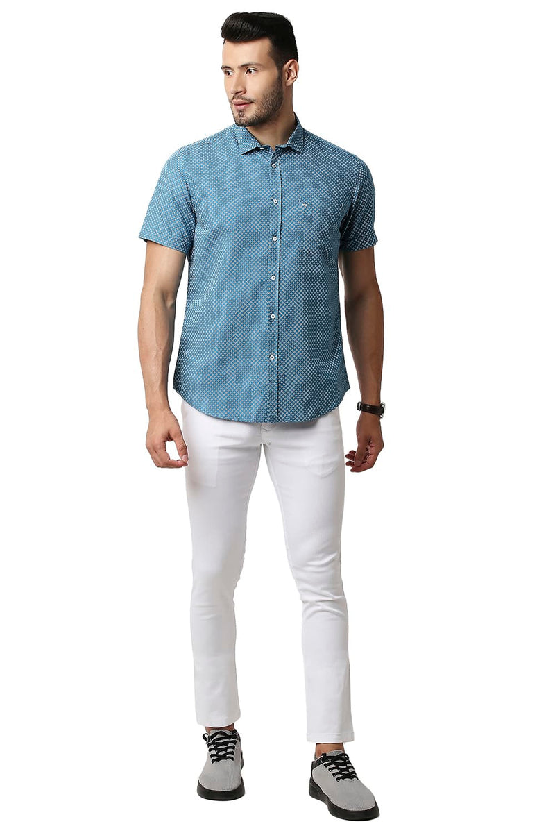 BASICS SLIM FIT COTTON LINEN PRINTED HALFSLEEVES SHIRT