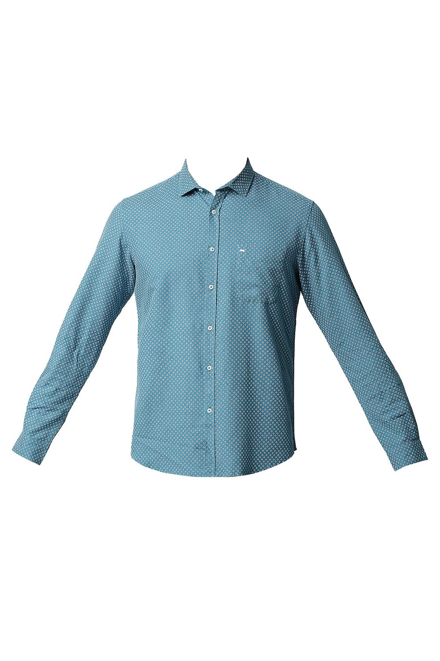 BASICS SLIM FIT LARKSPUR TURQUOISE COTTON LINEN PRINTED SHIRT