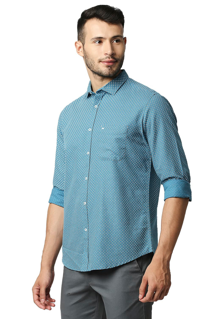 BASICS SLIM FIT LARKSPUR TURQUOISE COTTON LINEN PRINTED SHIRT