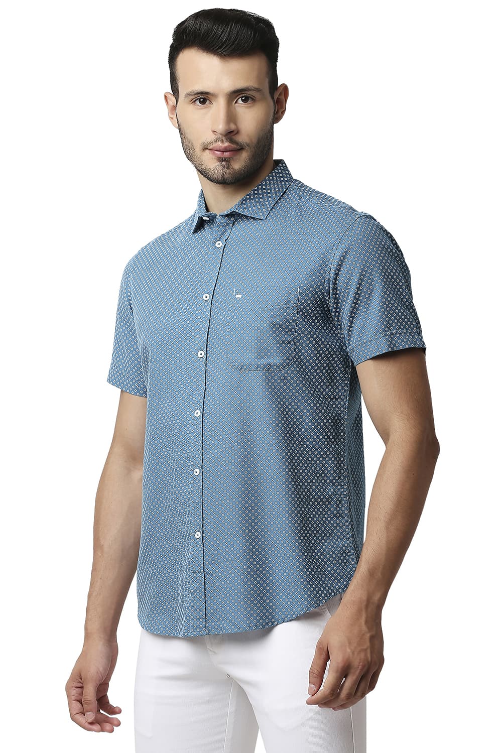 BASICS SLIM FIT COTTON LINEN PRINTED HALFSLEEVES SHIRT