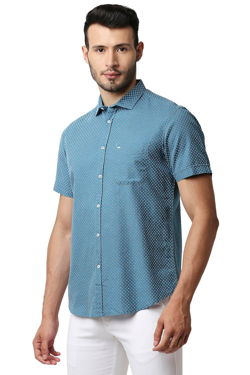 BASICS SLIM FIT COTTON LINEN PRINTED HALFSLEEVES SHIRT