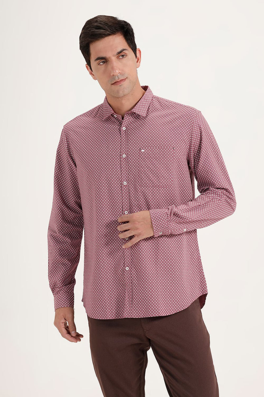BASICS SLIM FIT DECO PINK COTTON LINEN PRINTED SHIRT