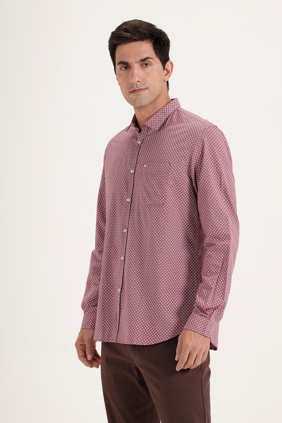 BASICS SLIM FIT DECO PINK COTTON LINEN PRINTED SHIRT