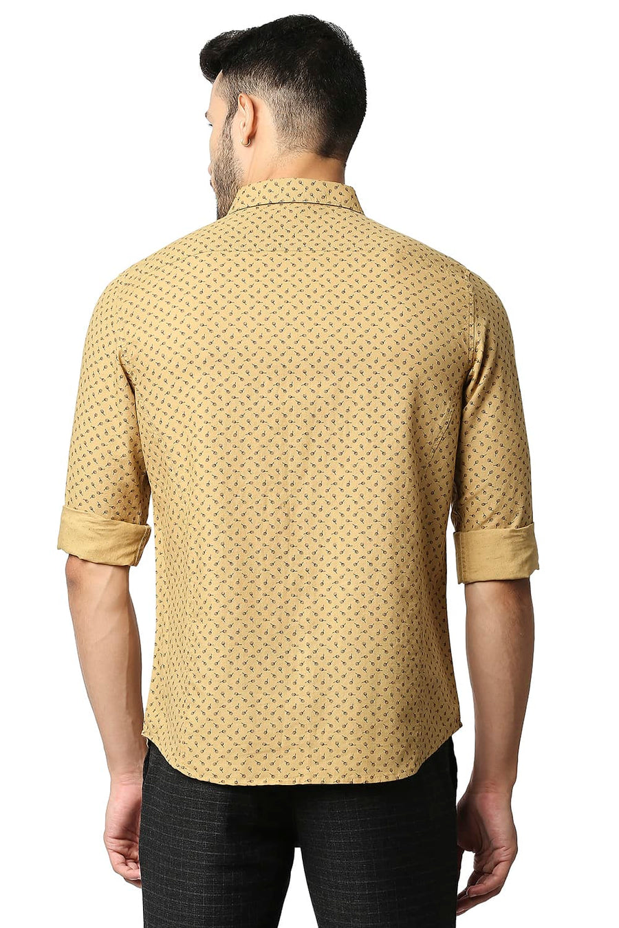 BASICS SLIM FIT LARK KHAKI COTTON LINEN PRINTED SHIRT