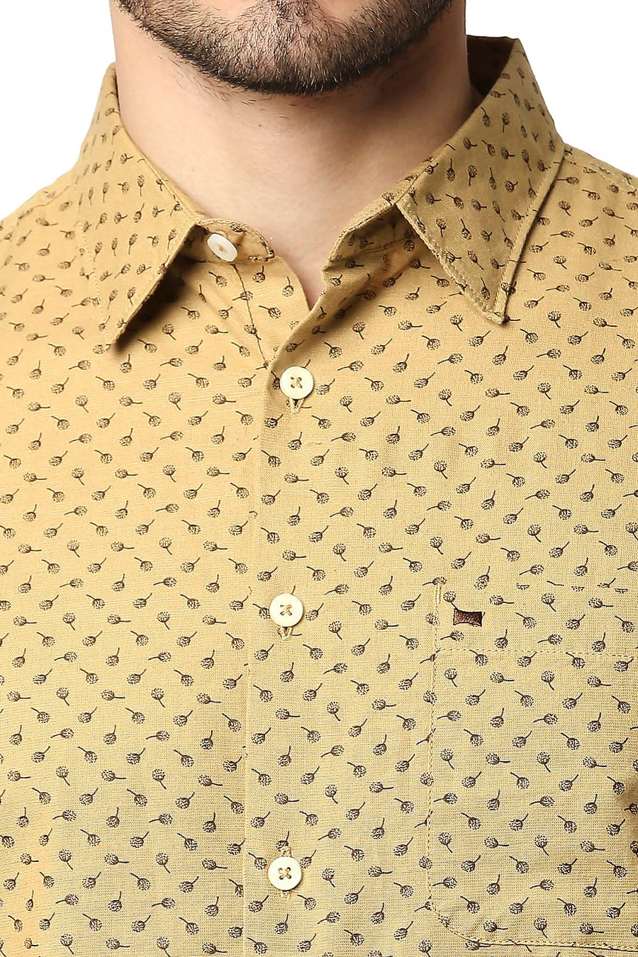 BASICS SLIM FIT LARK KHAKI COTTON LINEN PRINTED SHIRT