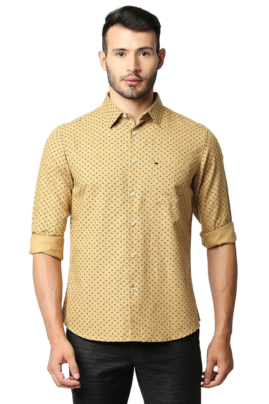 BASICS SLIM FIT LARK KHAKI COTTON LINEN PRINTED SHIRT