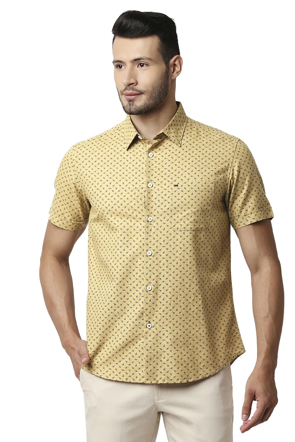 BASICS SLIM FIT COTTON LINEN PRINTED SHIRT