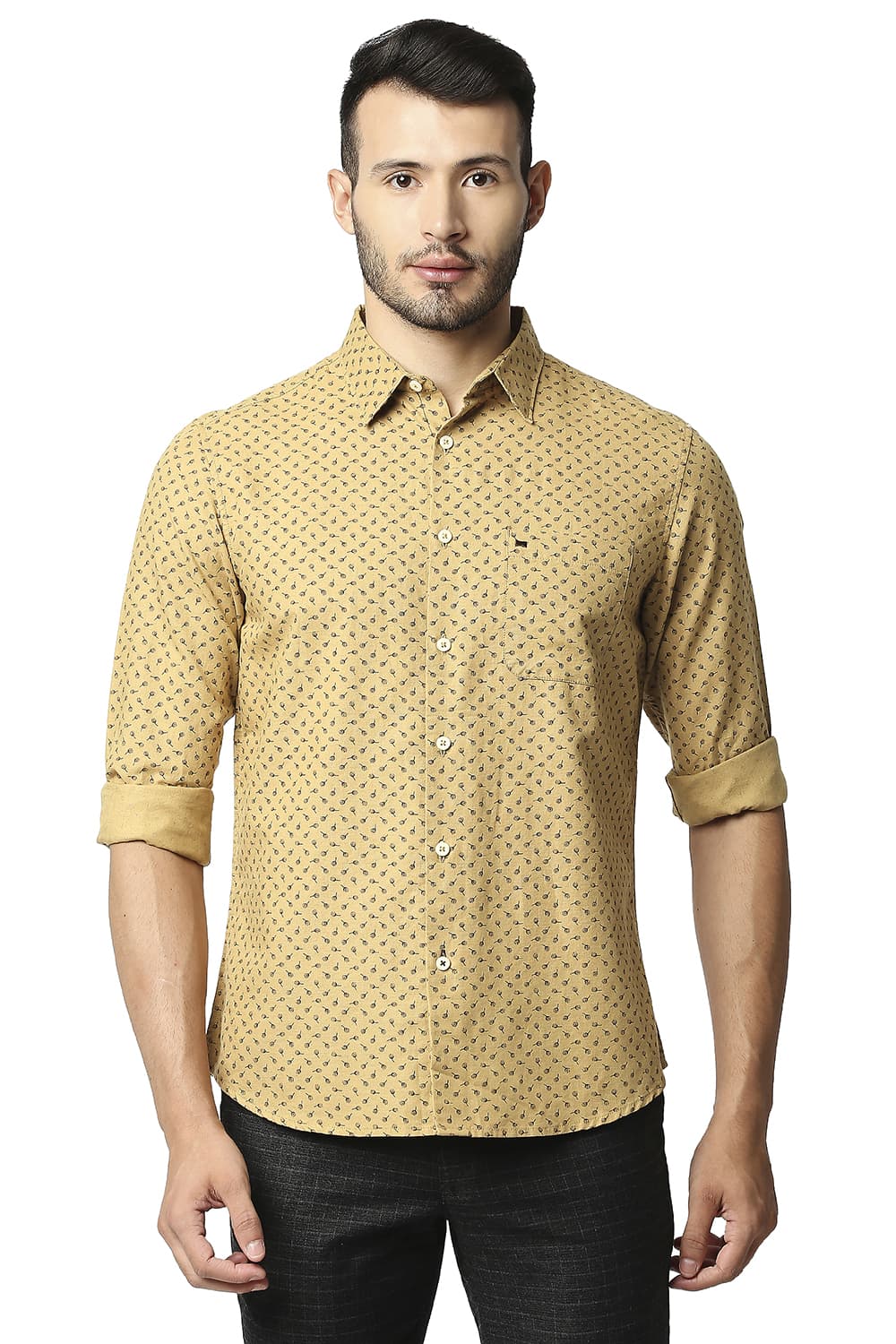 BASICS SLIM FIT COTTON LINEN PRINTED SHIRT