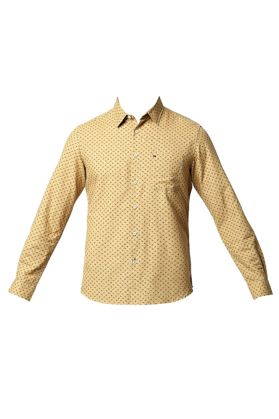 BASICS SLIM FIT LARK KHAKI COTTON LINEN PRINTED SHIRT