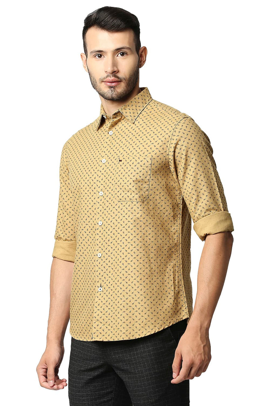 BASICS SLIM FIT LARK KHAKI COTTON LINEN PRINTED SHIRT