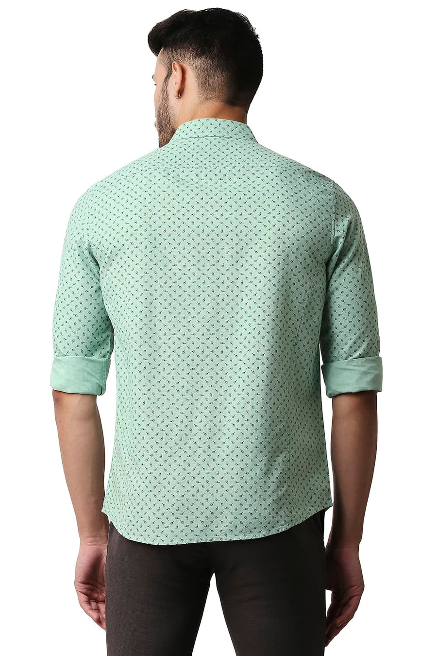 BASICS SLIM FIT GRANITE GREEN COTTON LINEN PRINTED SHIRT